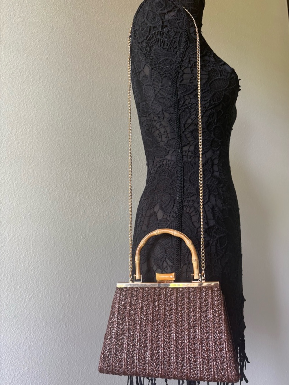 Tommy Bahama Brown Woven Satchel with Bamboo Handle - Picture 4 of 4